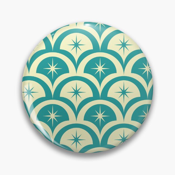 Item preview, Mid century atomic starbursts pattern on cream and teal scallop shapes designed and sold by Yasminepatterns .