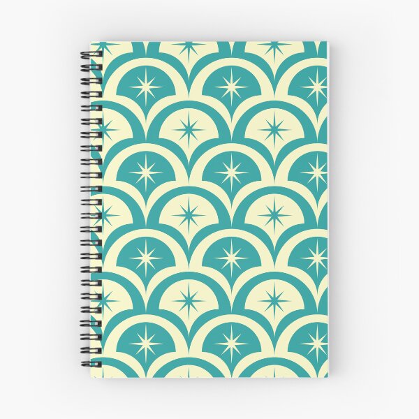 Item preview, Mid century atomic starbursts pattern on cream and teal scallop shapes designed and sold by Yasminepatterns .
