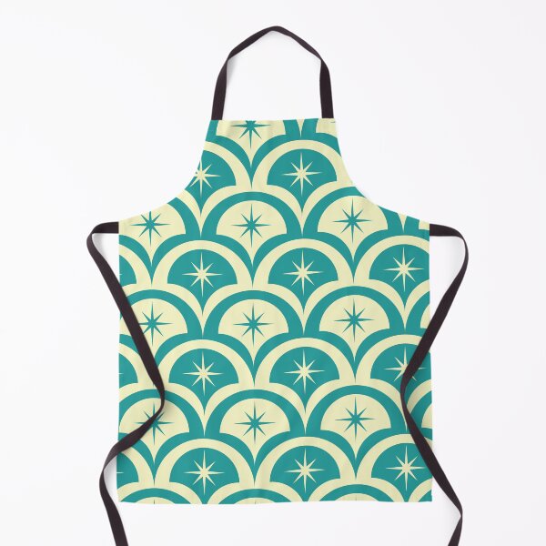 Item preview, Mid century atomic starbursts pattern on cream and teal scallop shapes designed and sold by Yasminepatterns .