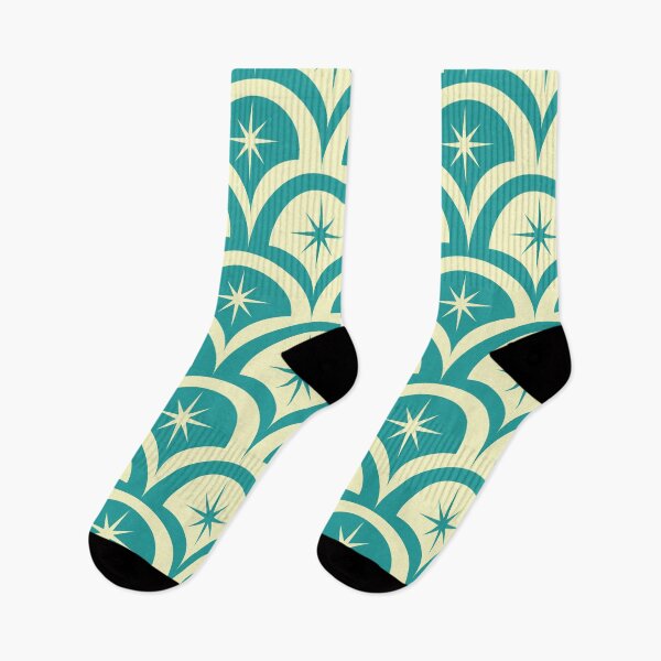 Item preview, Mid century atomic starbursts pattern on cream and teal scallop shapes designed and sold by Yasminepatterns .