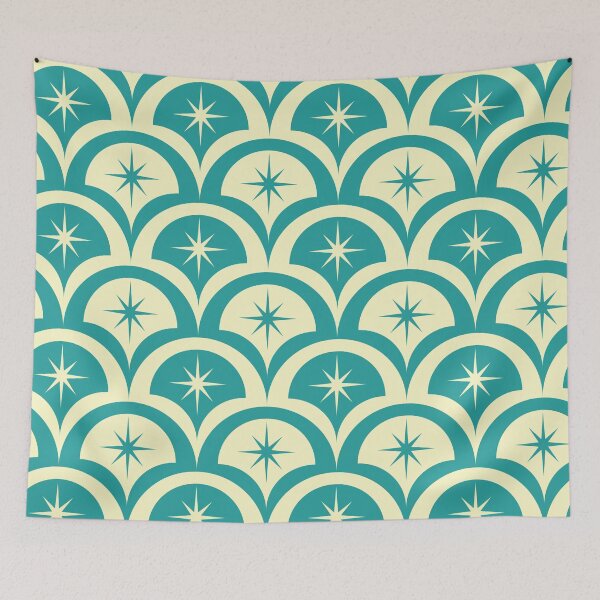 Item preview, Mid century atomic starbursts pattern on cream and teal scallop shapes designed and sold by Yasminepatterns .