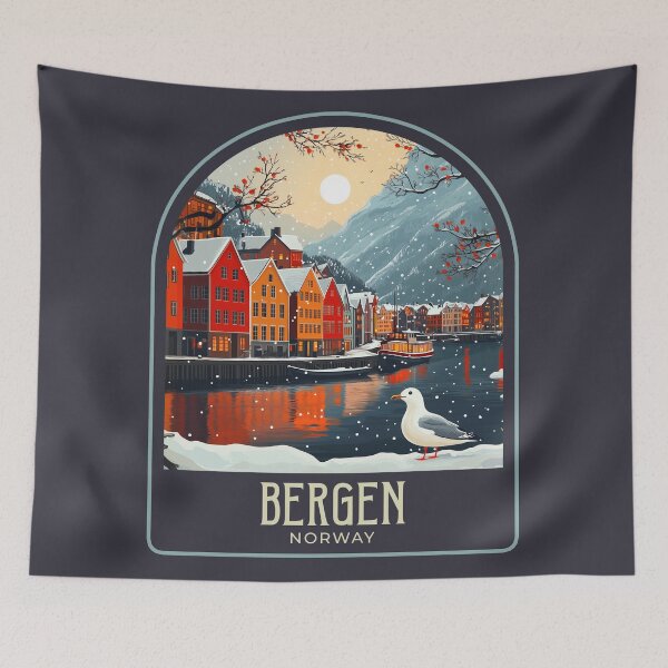 Item preview, Bergen Vintage Travel Illustration designed and sold by HomeLivingCo.