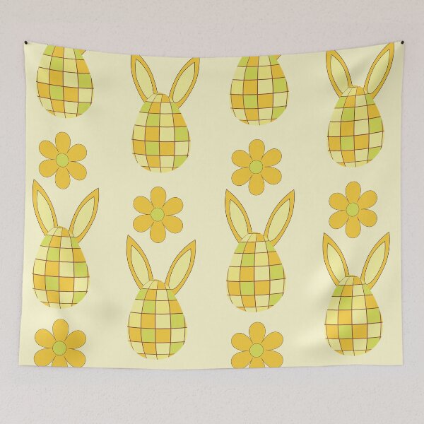 Item preview, Disco Easter Eggs and bunny ears Pattern with retro flowers in orange and yellow  designed and sold by Yasminepatterns .