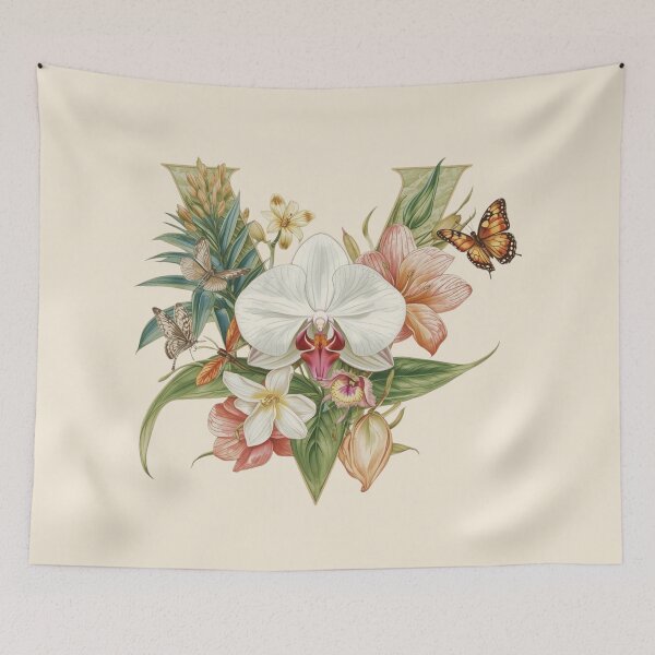 Item preview, Elegant Botanical Letter V Monogram – Floral Orchid & Butterfly Illustration | Nature-Inspired Aesthetic Decor designed and sold by AmenAlways.
