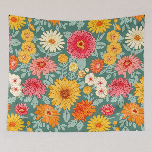 Item preview, Retro Plentiful Petals - Teal Background designed and sold by TigaTiga.