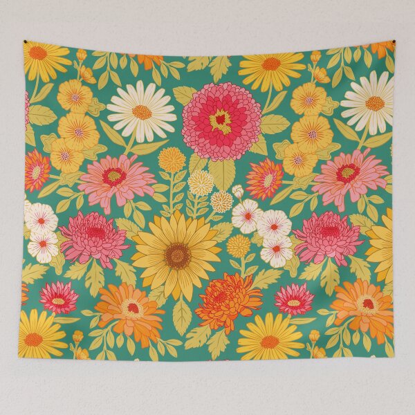 Item preview, Retro Plentiful Petals - Deep Turquoise Background designed and sold by TigaTiga.