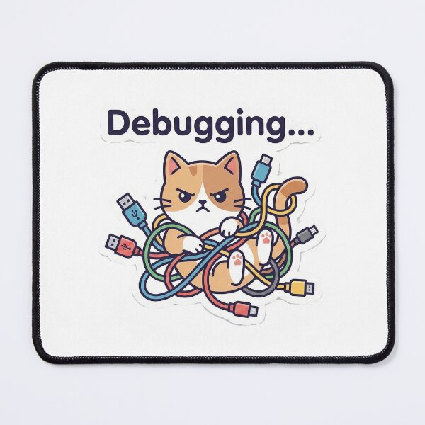 Item preview, "Debugging..." Cat - Tangled in Wires Sticker designed and sold by Zenith Design.