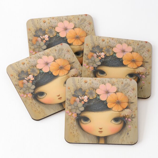 Item preview, Floral portrait of a girl with large eyes in vintage style designed and sold by WhimsyArt ○ byGTL.