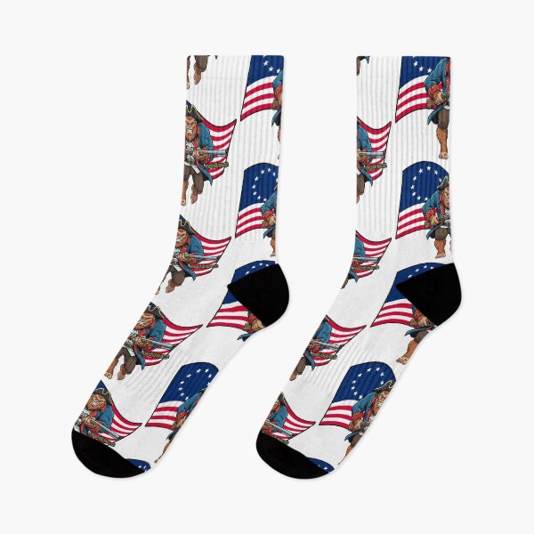 Item preview, Bigfoot charging with a musket in front of the Betsey Ross flag. designed and sold by AdirondacKuriosities.