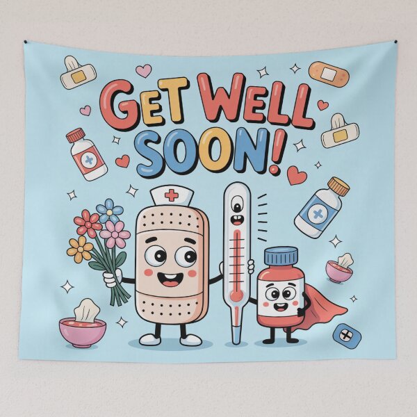 Item preview, Cute Medical Heroes Get Well Soon - Bandage Nurse, Thermometer & Super Pill Cartoon designed and sold by Midnight Veil Designs.