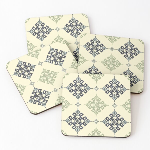 Item preview, Seamless tribal pixel geometric pattern in navy blue and sage green on beige background, inspired by traditional indigenous weaving. designed and sold by kasune-shop.