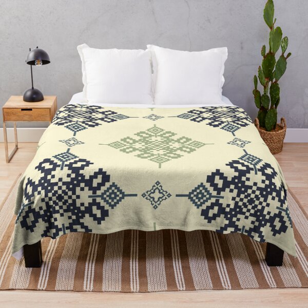Item preview, Seamless tribal pixel geometric pattern in navy blue and sage green on beige background, inspired by traditional indigenous weaving. designed and sold by kasune-shop.