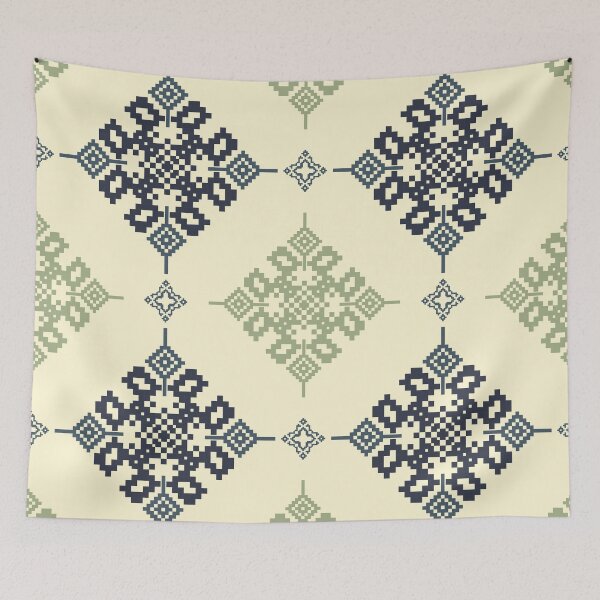 Item preview, Seamless tribal pixel geometric pattern in navy blue and sage green on beige background, inspired by traditional indigenous weaving. designed and sold by kasune-shop.