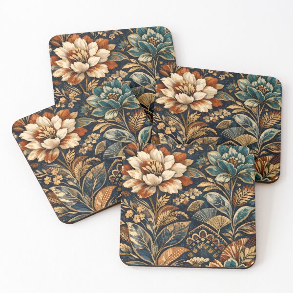 Item preview, Vintage Bohemian Floral Pattern - Antique Botanical Garden Dark Teal and Rust Orange Earthy Ethnic Folk Art Illustration - Moody Maximalist Flower Garden Texture by Vivaan Studio designed and sold by Vivaan Studio.