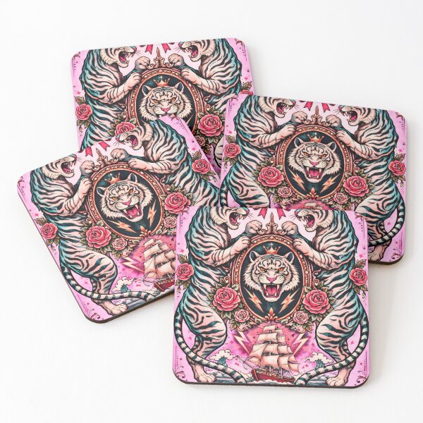 Item preview, Pink Vintage Tattoo Tigers with Storm Ship Emblem designed and sold by ANIARTONLINE.