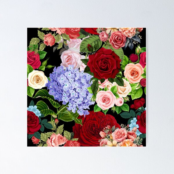 Item preview, Bold Roses and Hydrangeas on a Black Background  designed and sold by Post Haste Art.