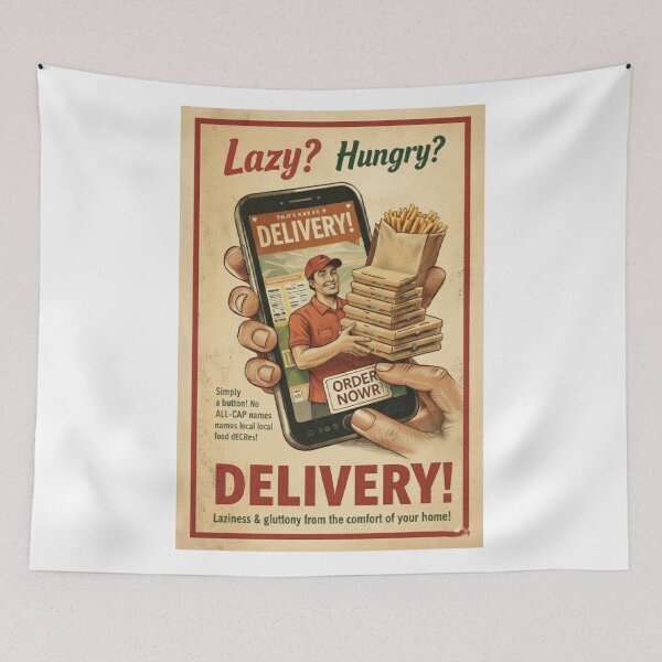 Item preview, Lazy? Hungry? Delivery! - Retro Food App Satire designed and sold by freackly.