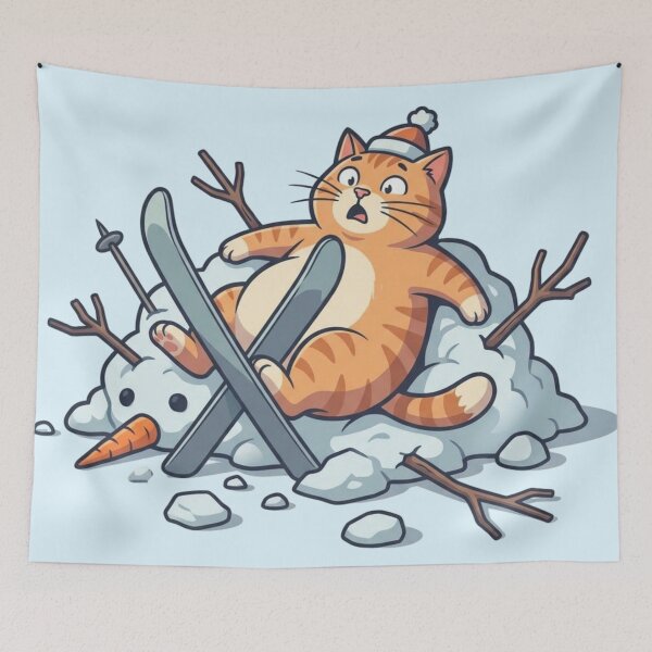 Item preview, Funny Ginger Cat Skiing Fail Snowman Crash designed and sold by HappySproutArt.