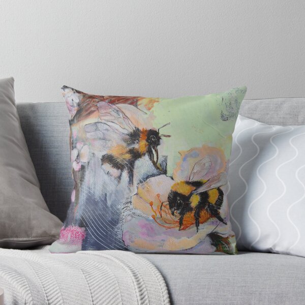 Item preview, Hand Painted Bumblebees on Flowers – Artistic Pillow and Textile Design designed and sold by artstudionadja.