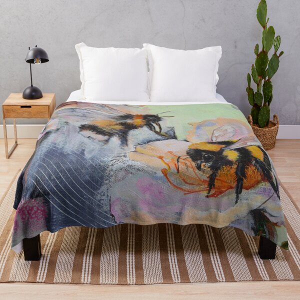 Item preview, Hand Painted Bumblebees on Flowers – Artistic Pillow and Textile Design designed and sold by artstudionadja.