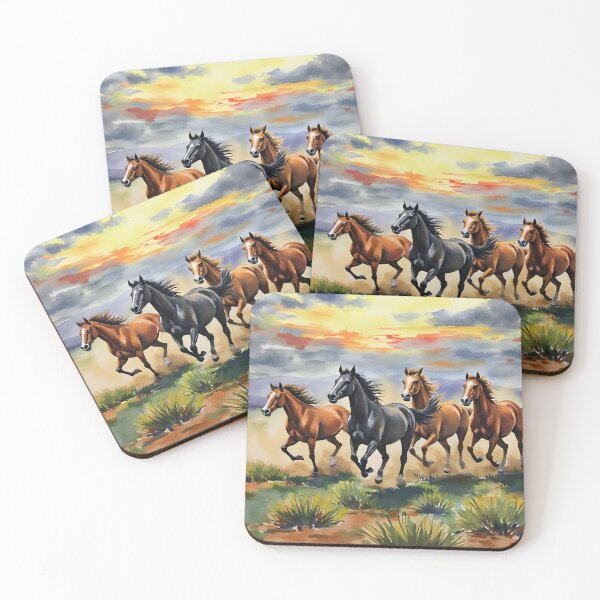Item preview, Wild Horses Running – Sunset Desert Watercolor Landscape | Freedom & Western Art Print designed and sold by Nene's design.