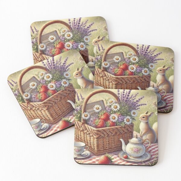 Item preview, Storybook Strawberry Picnic Tea - Lavender Daisy Bunny Art designed and sold by ArtFreshStudio.