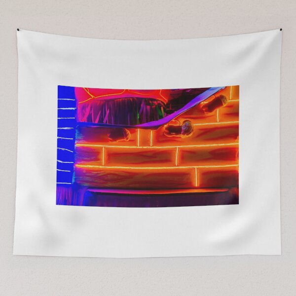 Item preview, Neon Glowing Orange Brick Wall With Blue Accents Abstract Festive Lighting And Futuristic Carnival Decoration designed and sold by Nmallia.