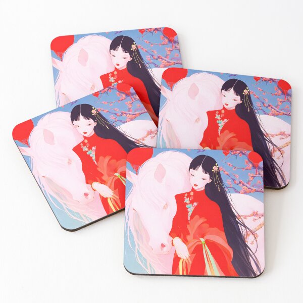 Item preview, Elegant Geisha with White Horse Under Cherry Blossoms designed and sold by ANIARTONLINE.