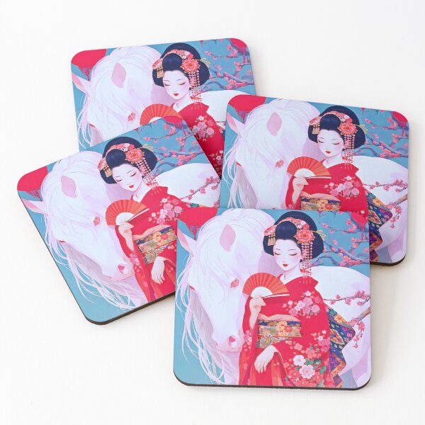 Item preview, Graceful Geisha with Fan and White Horse – Sakura Lantern Art designed and sold by ANIARTONLINE.