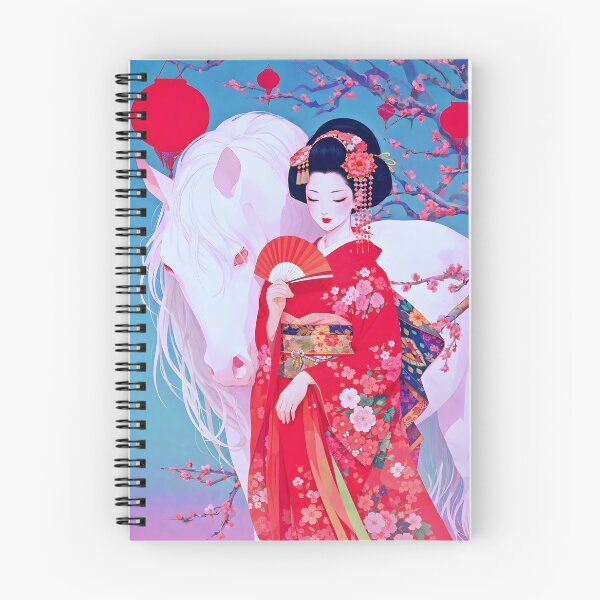 Aperçu de l'œuvre Geisha gracieuse avec éventail et cheval blanc – Art de la lanterne Sakura créée et vendue par ANIARTONLINE.