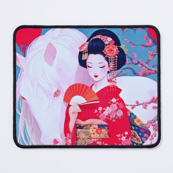 Item preview, Graceful Geisha with Fan and White Horse – Sakura Lantern Art designed and sold by ANIARTONLINE.