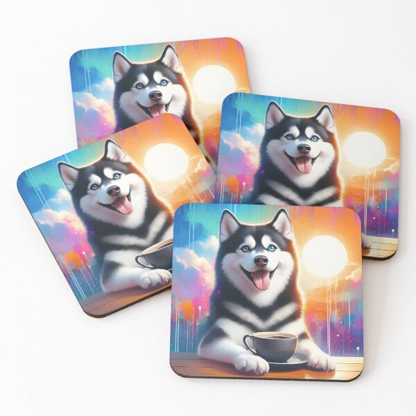 Item preview, Black Short Haired Husky Dog Drinking Coffee designed and sold by The Coffee Critters.