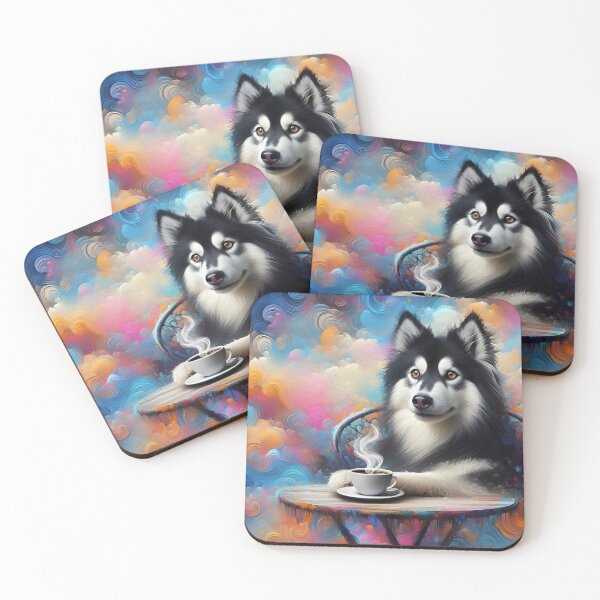 Item preview, Black Long Haired Husky Dog Drinking Coffee designed and sold by The Coffee Critters.