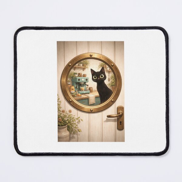 Item preview, Curious Black Cat in Cozy Kitchen – Vintage Porthole Coffee Illustration designed and sold by AtelierValerie.