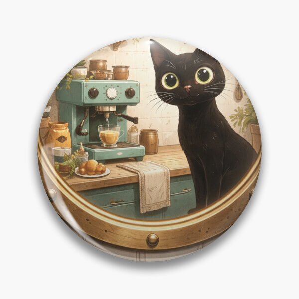 Item preview, Curious Black Cat in Cozy Kitchen – Vintage Porthole Coffee Illustration designed and sold by AtelierValerie.