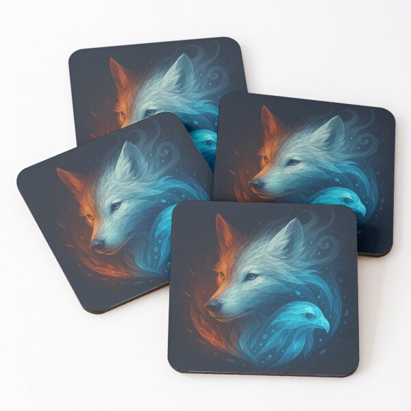 Item preview, Wolf and Falcon Wall Art – ElementaLoom Duality Fire and Water Wildlife Print designed and sold by GeoWild Designs.