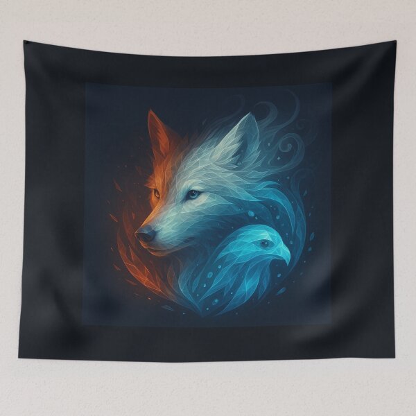 Item preview, Wolf and Falcon Wall Art – ElementaLoom Duality Fire and Water Wildlife Print designed and sold by GeoWild Designs.
