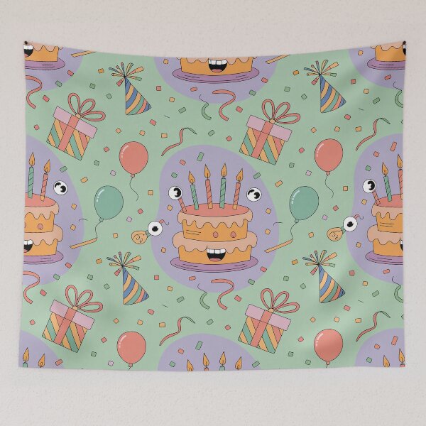 Item preview, Googly-Eyed Birthday Party Pattern - Whimsical Smiling Cakes & Confetti designed and sold by Midnight Veil Designs.