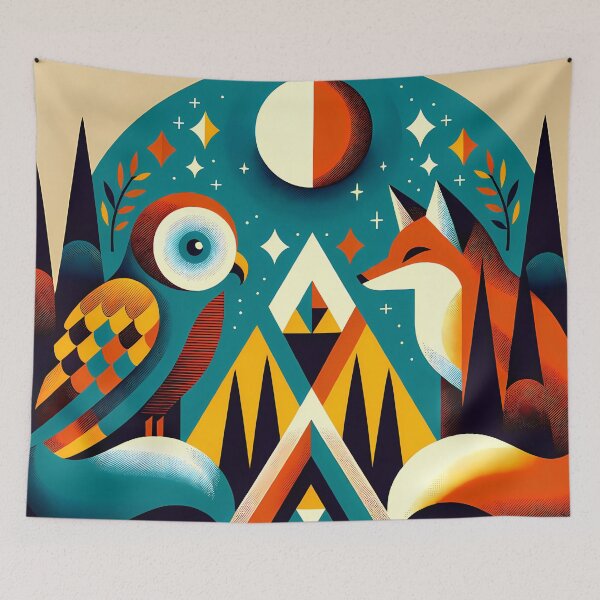 Item preview, Geometric Owl and Fox Under a Moonlit Sky designed and sold by InkSmithery.