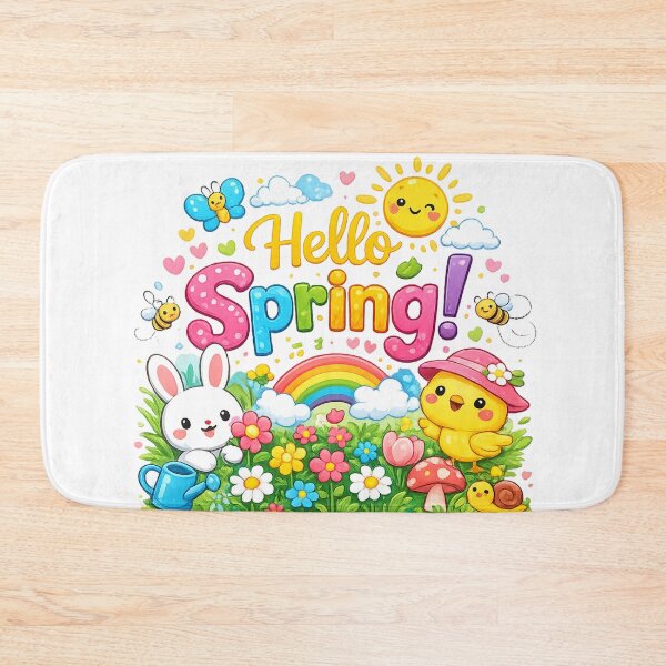 Item preview, Whimsical "Hello Spring" Illustration with Bunny and Chick designed and sold by ToonyTeez.