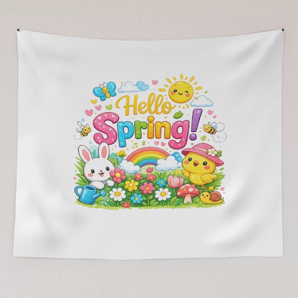 Item preview, Whimsical "Hello Spring" Illustration with Bunny and Chick designed and sold by ToonyTeez.
