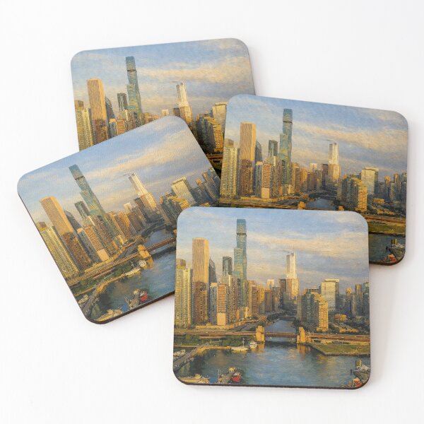 Item preview, Chicago Skyline at Golden Hour Oil Painting designed and sold by PopCultureArtShop.