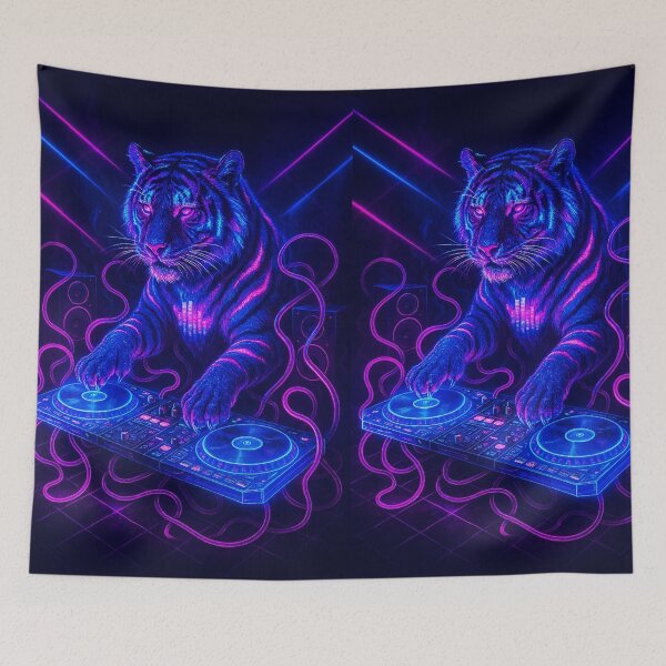 Item preview, Futuristic Tiger DJ | Neon Stripes & Holographic Turntables Cyberpunk Art Print designed and sold by LuxuryApparels.