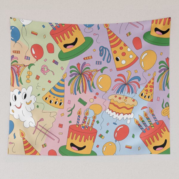 Item preview, Cheerful Birthday Chaos Pattern - Smiling Cakes, Party Hats & Poppers designed and sold by Midnight Veil Designs.