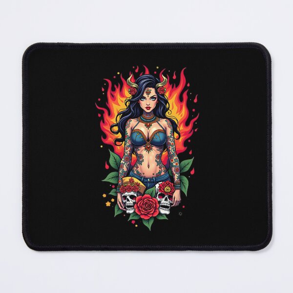 Item preview, Tattooed Woman with Skulls and Flames designed and sold by macadolie.