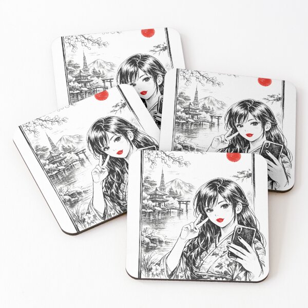 Item preview, Manga Selfie Girl in Kimono — Japanese Sakura Line Art designed and sold by Iv Hoyesska.