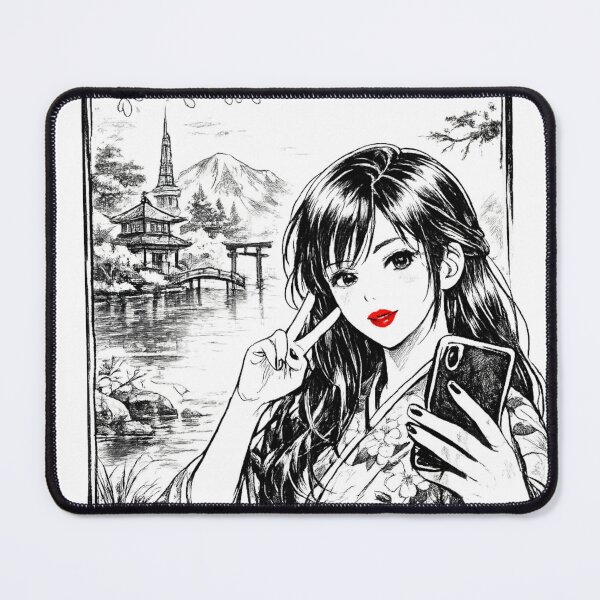 Item preview, Manga Selfie Girl in Kimono — Japanese Sakura Line Art designed and sold by Iv Hoyesska.
