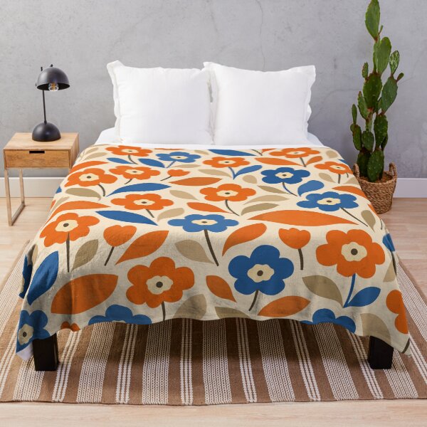 Item preview, Retro 70s Floral Pattern – Mid-Century Modern Flowers in Blue & Orange designed and sold by Far Out Goods.