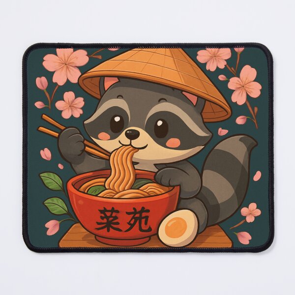 Item preview, Cute and Playful Kawaii Anime Raccoon Eating Ramen Noodles Surrounded by Cherry Blossoms Essential T-shirts designed and sold by MKTreasures.