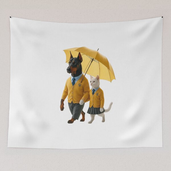 Item preview, “Stylish Doberman and Cat Under Yellow Umbrella Illustration” designed and sold by Adappai.